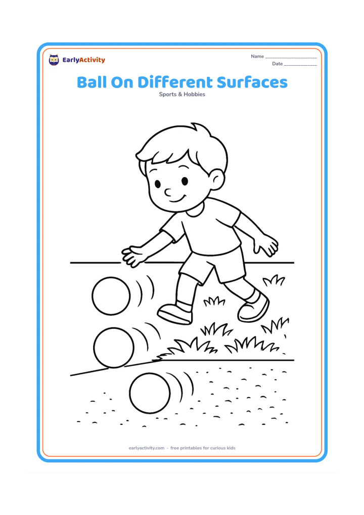 Colouring page: A child rolls one ball across three connected areas: a smooth floor, a grassy patch and a slightly rough sandy patch. Show the ball in three positions with gentle motion curves.