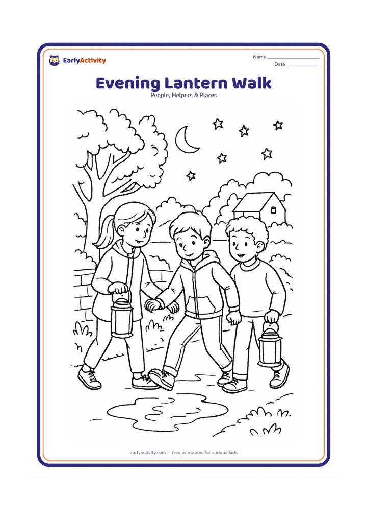 Colouring page: Three friends walk together along a village lane at dusk, carrying simple lanterns while one child helps another over a small puddle. Include trees, a low wall, a moon, stars, and…