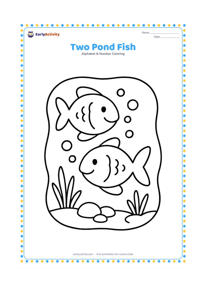 Colouring page: Draw exactly two friendly fish swimming in opposite directions in a small pond, with a few bubbles, rounded stones and two simple water plants. Keep the fish large and separate.
