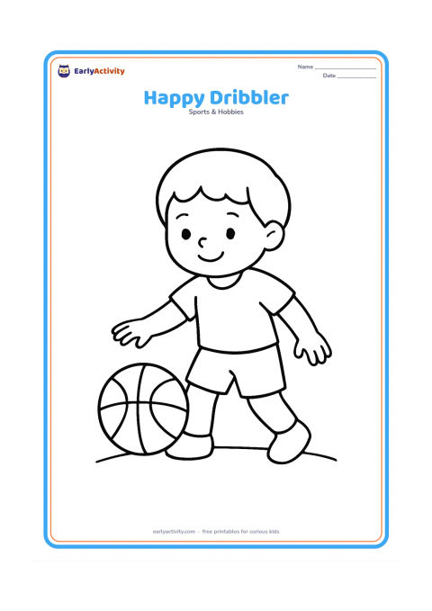 Colouring page: A smiling child stands in a simple sports outfit while dribbling one basketball beside one foot. Add only a curved ground line.