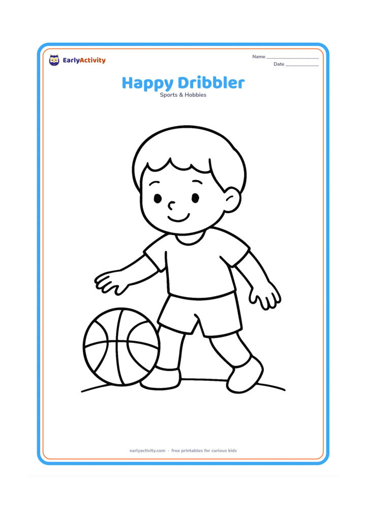 Colouring page: A smiling child stands in a simple sports outfit while dribbling one basketball beside one foot. Add only a curved ground line.