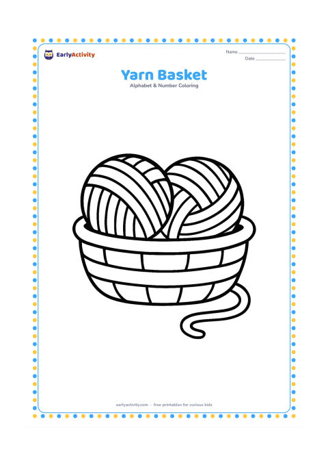 Colouring page: Draw a low basket holding two large balls of yarn, with one thick strand trailing onto the floor.