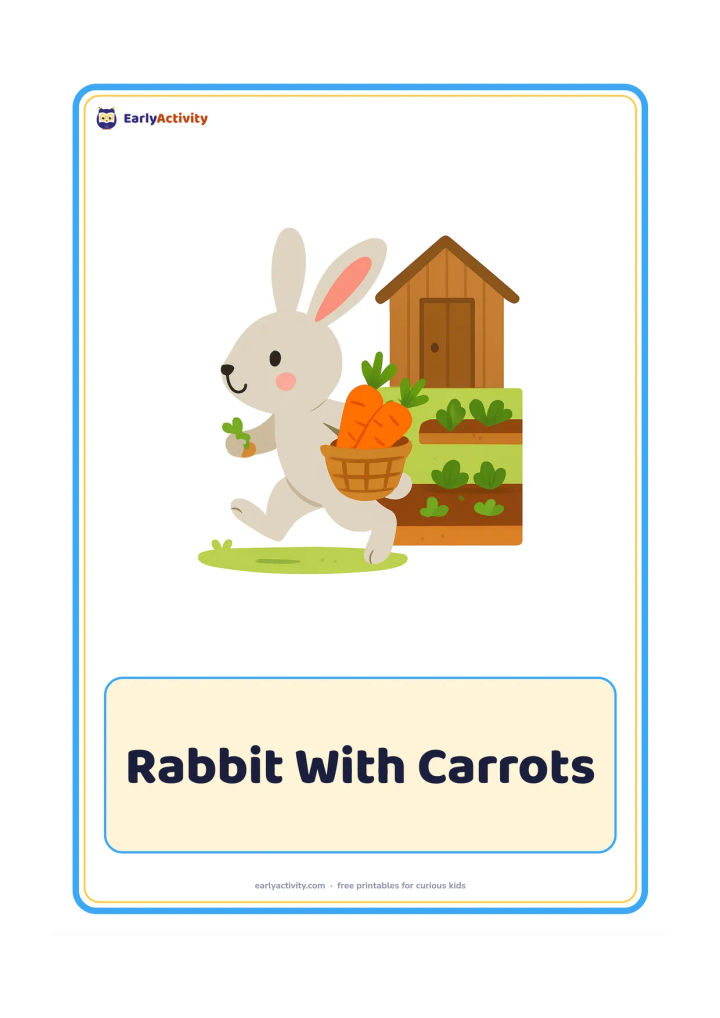 Flashcard: Draw a rabbit carrying two carrots in a small garden basket, with vegetable beds and a wooden shed behind. Show the rabbit hopping toward the left.