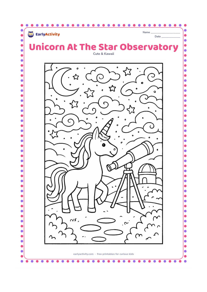 Colouring page: Show a unicorn standing on a hilltop beside a large telescope, looking across a nighttime sky filled with stars, crescent moons and swirling clouds. Add a domed observatory, stepping…