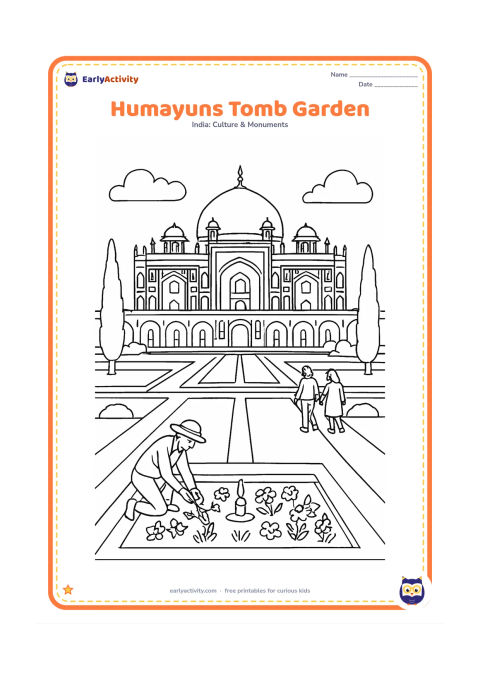 Colouring page: Show Humayun's Tomb centered in a charbagh garden, with its tall double dome, chhatris, large arched niches, water channels and crossing paths. A gardener tends a flower bed while two…