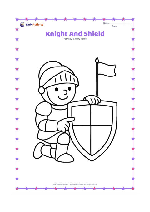 Colouring page: A friendly knight kneels beside a large shield resting on the ground and points to its simple geometric sections. Add a small castle flagpole with a blank flag in the background.