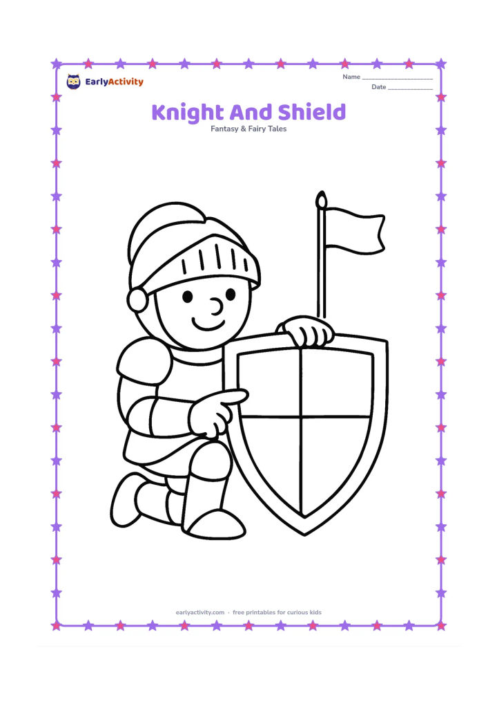Colouring page: A friendly knight kneels beside a large shield resting on the ground and points to its simple geometric sections. Add a small castle flagpole with a blank flag in the background.