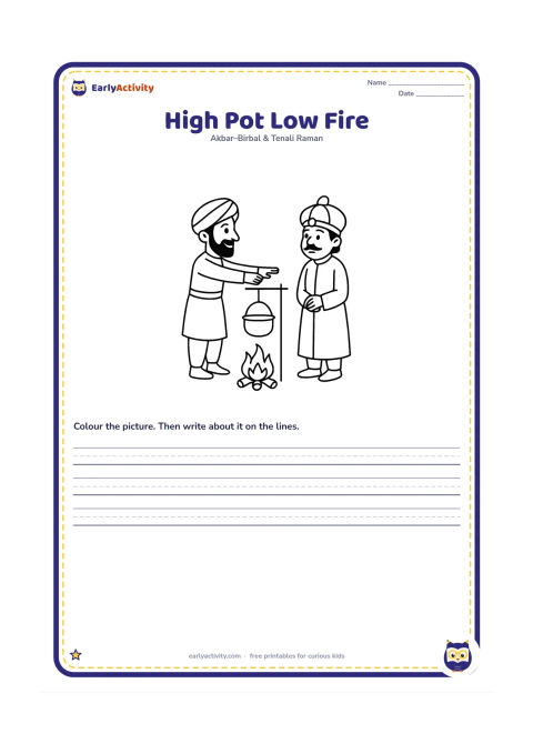 Printable: Show a side-view comparison of a small fire on the ground and a cooking pot hanging far above it, with Birbal measuring the gap using his outstretched arms. Akbar observes from the other…