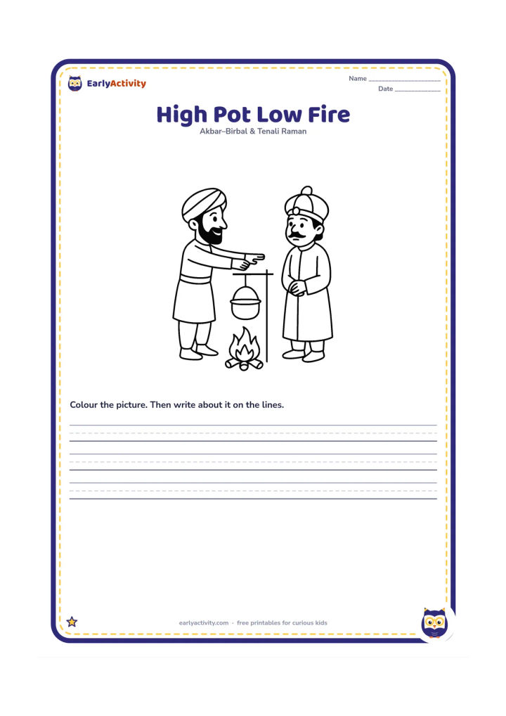 Printable: Show a side-view comparison of a small fire on the ground and a cooking pot hanging far above it, with Birbal measuring the gap using his outstretched arms. Akbar observes from the other…