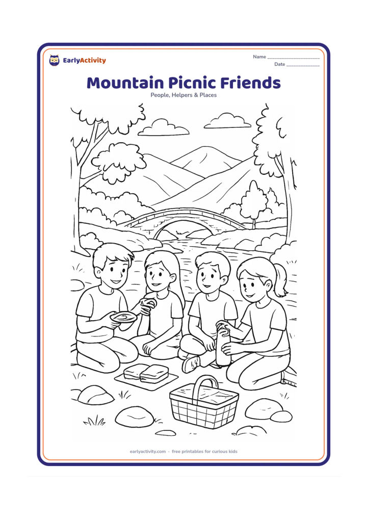 Colouring page: Four friends share a picnic beside a mountain stream, with one offering food, two listening to another child, and one filling a reusable bottle. Include rocks, trees, a bridge, a picnic…