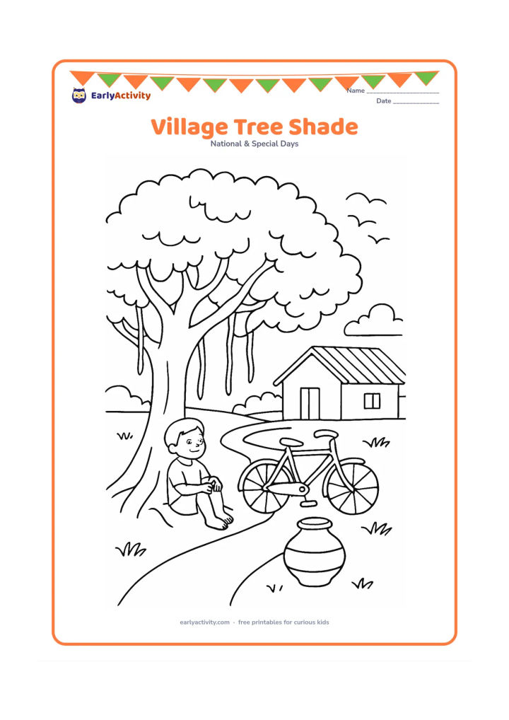 Colouring page: Draw an Indian village scene with a broad banyan tree shading a child, a bicycle and a clay water pot. Include a simple house, a footpath, birds and distant fields.