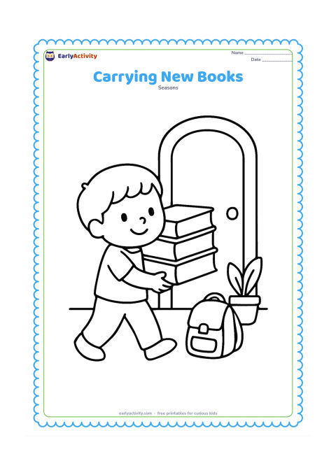 Colouring page: A child carries a tall stack of three large books toward a classroom doorway. A small school bag rests near the doorway and a potted plant sits beside it.