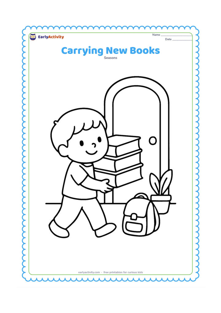 Colouring page: A child carries a tall stack of three large books toward a classroom doorway. A small school bag rests near the doorway and a potted plant sits beside it.