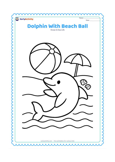 Colouring page: Draw one dolphin playfully nudging a large beach ball above shallow waves near a simple sandy beach. Add a beach umbrella and two shells in the background without patterns or text.
