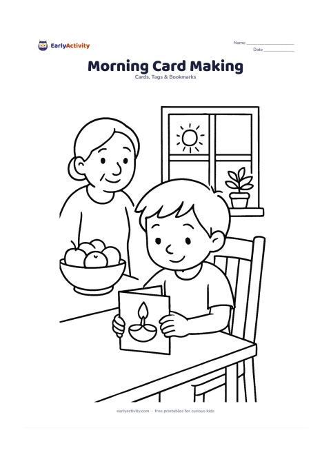 Worksheet: Draw a child at a sunny kitchen table folding a card, with a diya motif on the front and a grandparent watching nearby. Include a fruit bowl, chair and window with potted plants in the…