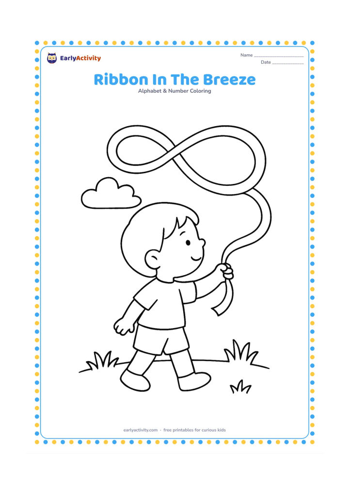 Colouring page: Draw a child holding a long ribbon that curls through the air in two large loops, with a few simple grass tufts and a cloud behind the child. Show the child standing in profile with the…