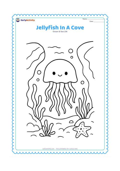 Colouring page: Draw a jellyfish floating in a sheltered underwater cove formed by two curved rocks. Add seaweed, a starfish, bubbles and a small opening showing the distant sea.