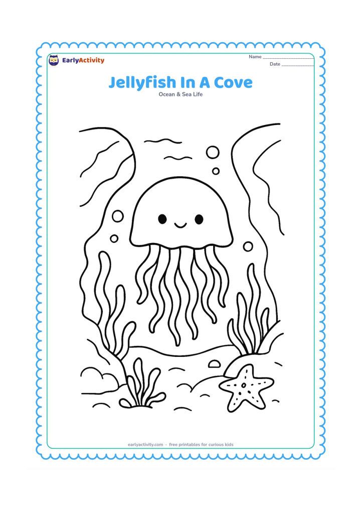 Colouring page: Draw a jellyfish floating in a sheltered underwater cove formed by two curved rocks. Add seaweed, a starfish, bubbles and a small opening showing the distant sea.