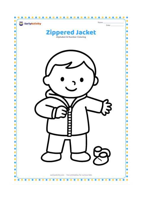 Colouring page: Draw a child putting on a jacket with a large visible zipper, one hand holding the zipper pull and the other sleeve stretched outward. Add a small pair of shoes on the floor.