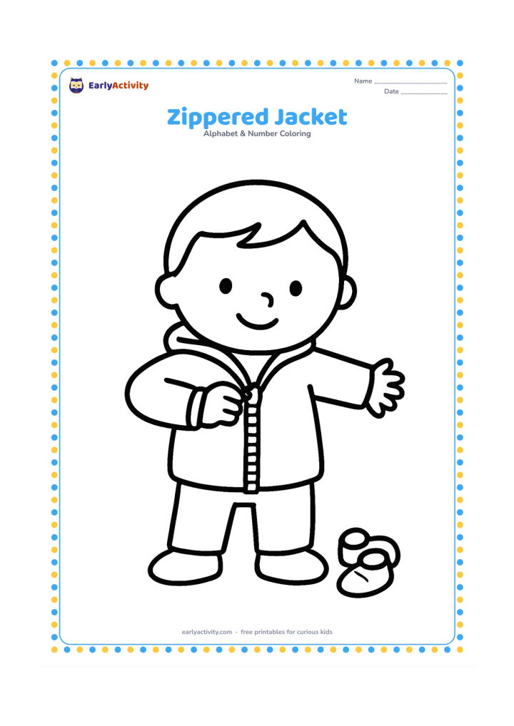 Colouring page: Draw a child putting on a jacket with a large visible zipper, one hand holding the zipper pull and the other sleeve stretched outward. Add a small pair of shoes on the floor.