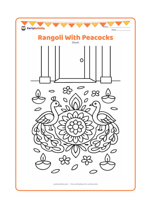 Colouring page: A balanced rangoli design fills the floor outside a home, with two peacocks facing each other on opposite sides and four diyas around the border. Add flower petals and a doorway in the…