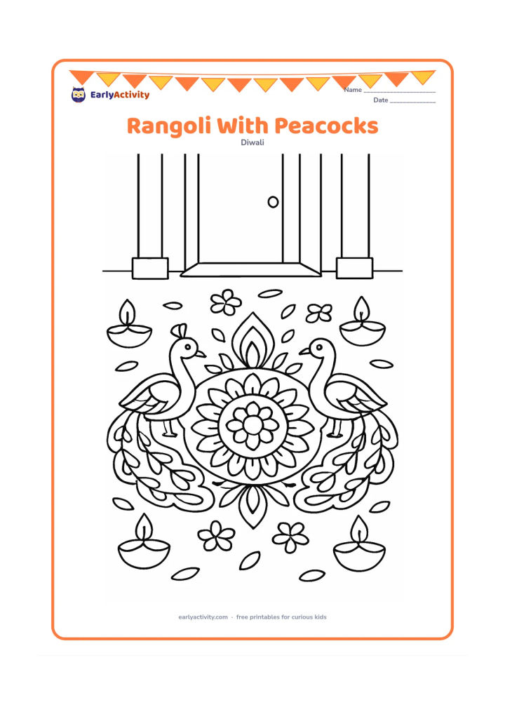 Colouring page: A balanced rangoli design fills the floor outside a home, with two peacocks facing each other on opposite sides and four diyas around the border. Add flower petals and a doorway in the…