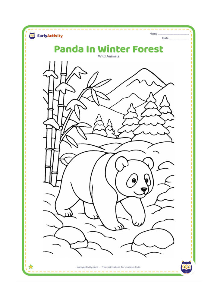 Colouring page: Draw a panda walking through a snowy mountain bamboo forest, with snow-covered branches, bamboo leaves, rounded rocks and layered pine-covered slopes.