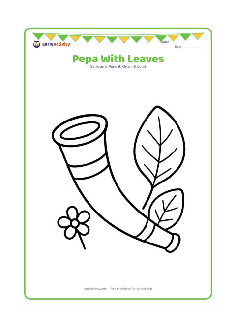 Colouring page: Draw a large pepa, the traditional Assamese horn instrument, lying diagonally beside two broad leaves. Add a small flower and a few simple curved bands on the instrument.