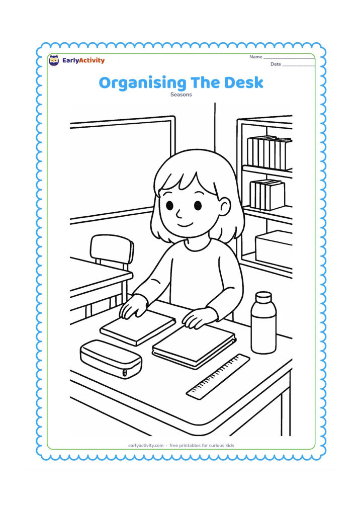 Colouring page: A child arranges a book, notebook, pencil case, ruler and water bottle neatly on a classroom desk before lessons. Include a second desk, a chair, a blank board and a bookshelf in the…
