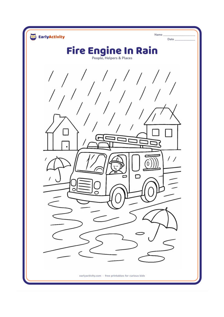 Colouring page: Draw a fire engine travelling slowly along a wet street in light rain, with a firefighter visible through the cab window. Include puddles, umbrellas, simple houses and curved rain lines.