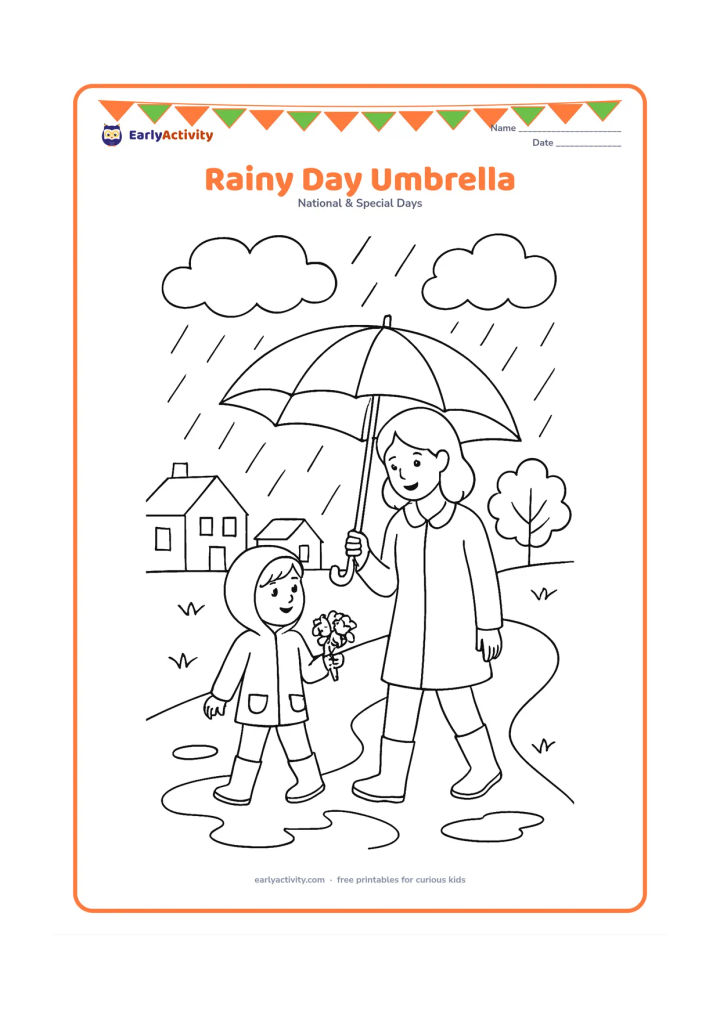 Colouring page: A child shares a large umbrella with their mother as they walk along a rainy lane, carrying a small flower bouquet. Add puddles, rain clouds, simple houses and a leafy tree.