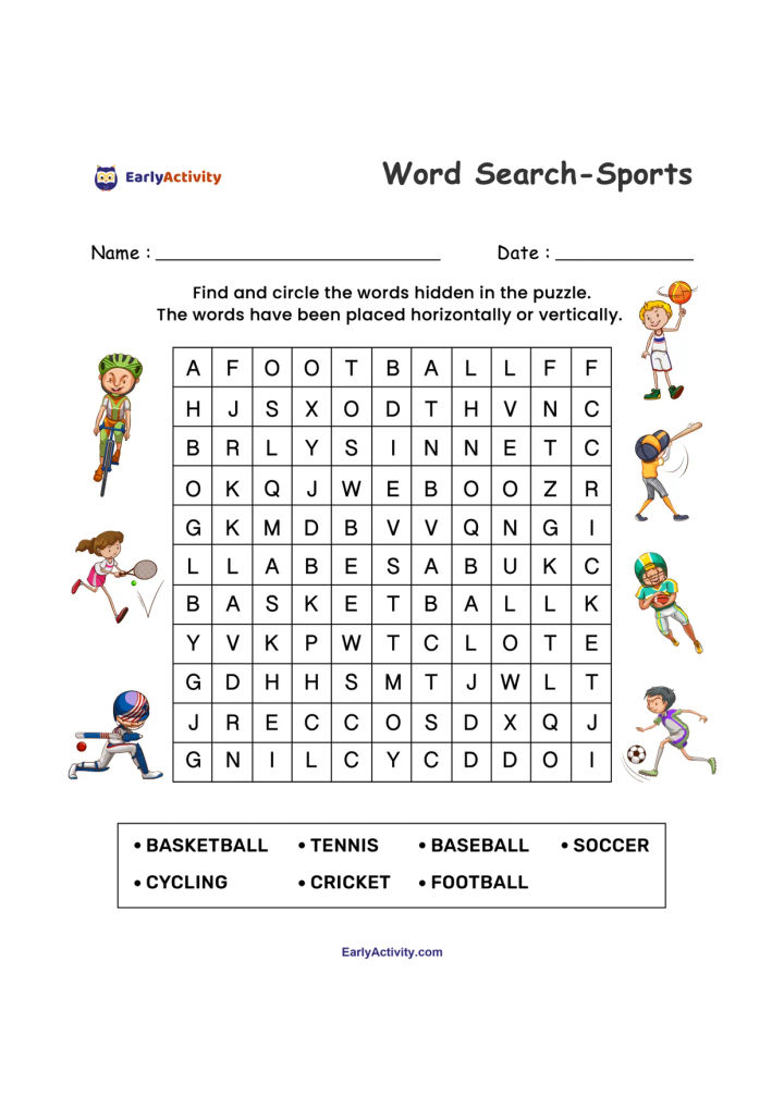 Word search worksheet with a letter grid and illustrations of children playing sports. Words include basketball, tennis, baseball, soccer, cycling, cricket and football.
