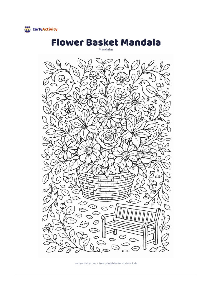 Colouring page: Place a woven basket at the centre overflowing with daisies, roses, lilies and leafy stems, then arrange the flowers into a circular mandala spreading outward. Add a garden bench,…