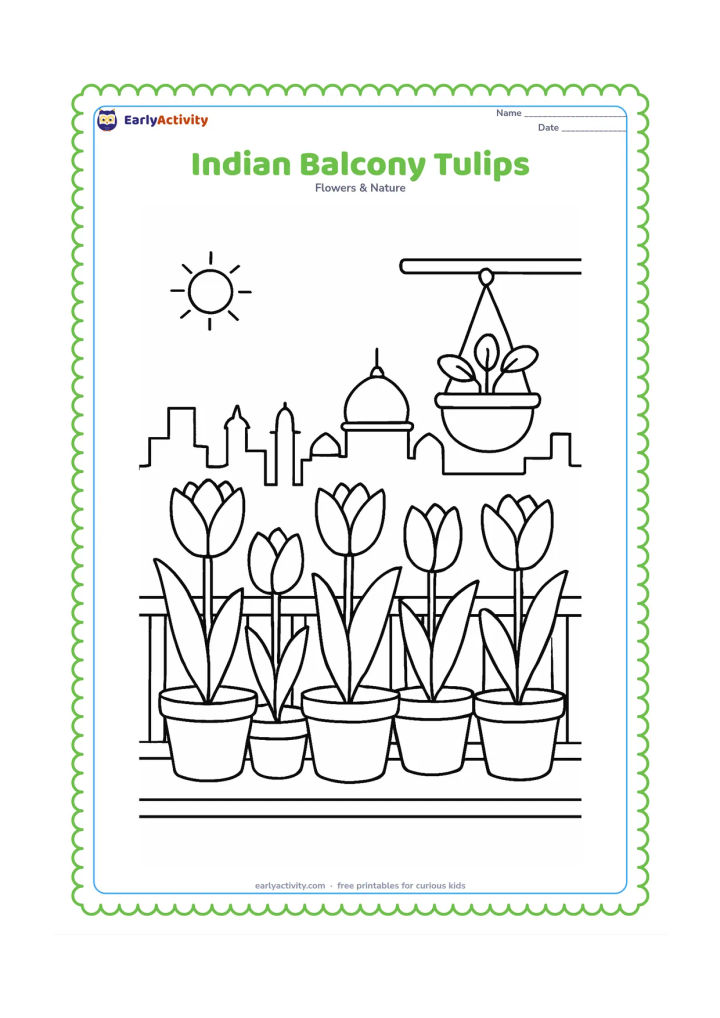 Colouring page: Draw several potted tulips arranged along the railing of an apartment balcony, with a simple Indian city skyline, a small sun and a hanging planter in the background. Keep the tulips…