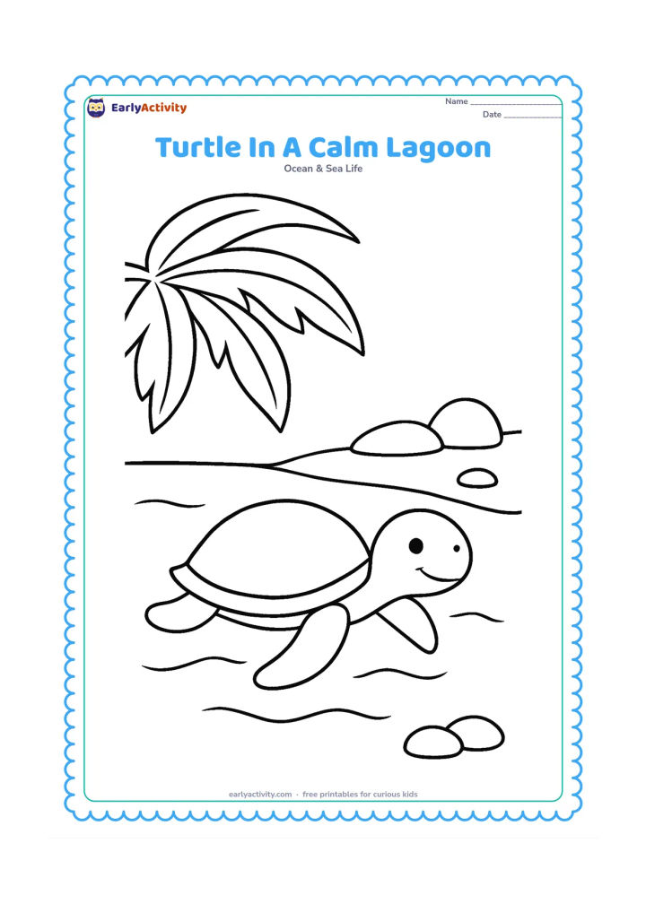 Colouring page: Draw a sea turtle paddling in a calm lagoon with one large palm leaf overhead, a smooth shoreline, and two simple stones.