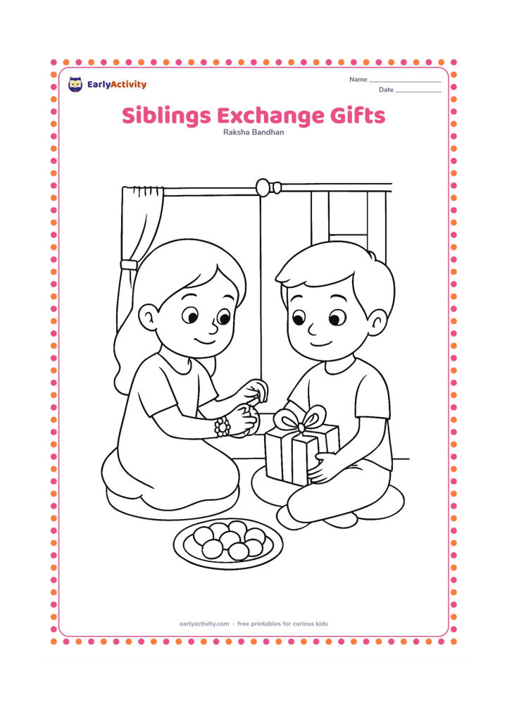 Colouring page: A brother and sister exchange small wrapped gifts after one has tied a rakhi. Show a floor cushion, a sweets plate, and a window with simple curtains in the room behind them.