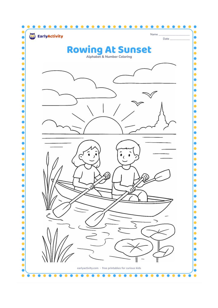 Colouring page: Draw two friends rowing a long boat across a river at sunset, with reflections, reeds, lotus leaves, birds in the distance and a riverside temple silhouette. Show the oars at different…