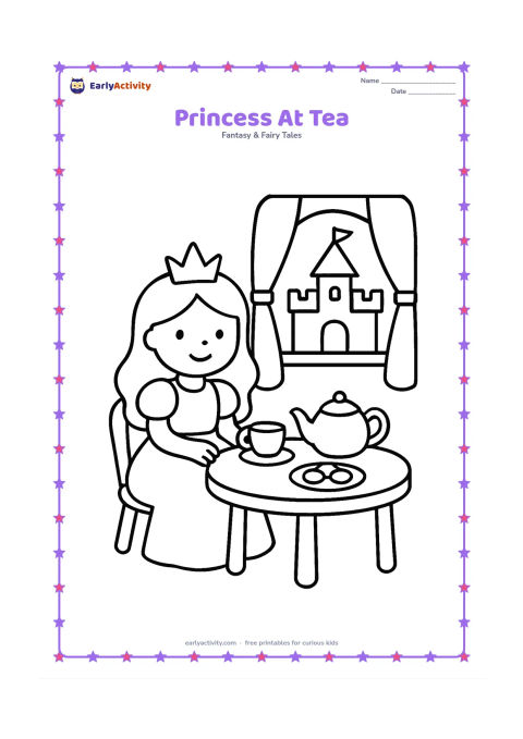 Colouring page: Draw a princess seated at a small tea table with one cup, one teapot, and a plate of round biscuits. Place the scene beside a large castle window with simple curtains.
