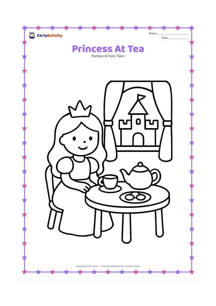 Colouring page: Draw a princess seated at a small tea table with one cup, one teapot, and a plate of round biscuits. Place the scene beside a large castle window with simple curtains.