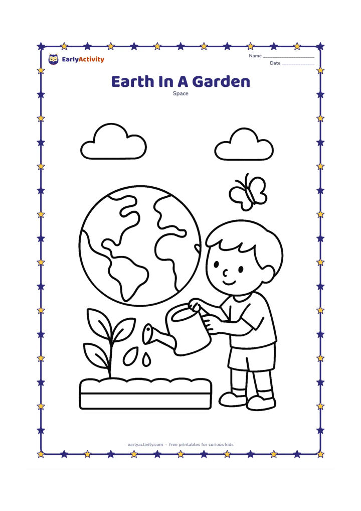 Colouring page: A child gently waters a large Earth-shaped garden decoration beside two simple plants and a butterfly. Include a low garden bed and a few clouds in the background.