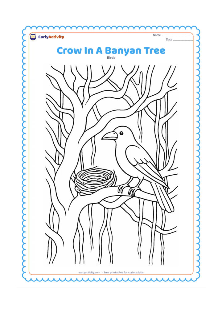 Colouring page: A crow rests among twisting banyan branches and hanging aerial roots, with a small nest tucked into the tree.