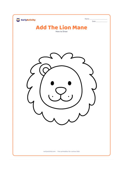 Worksheet: Show a simple lion head with the face already outlined and a large partly missing mane around it, leaving an open outer section for children to complete with rounded tufts. Include a few…