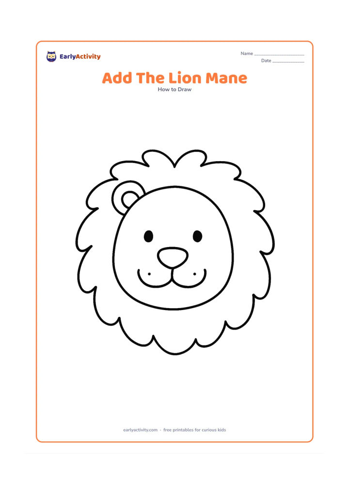 Worksheet: Show a simple lion head with the face already outlined and a large partly missing mane around it, leaving an open outer section for children to complete with rounded tufts. Include a few…