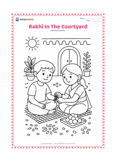 Colouring page: Two siblings sit on a woven mat in a sunny Indian courtyard as one ties a rakhi. Add potted plants, a doorway, floor patterns made only from dots and petals, and a tray of sweets.