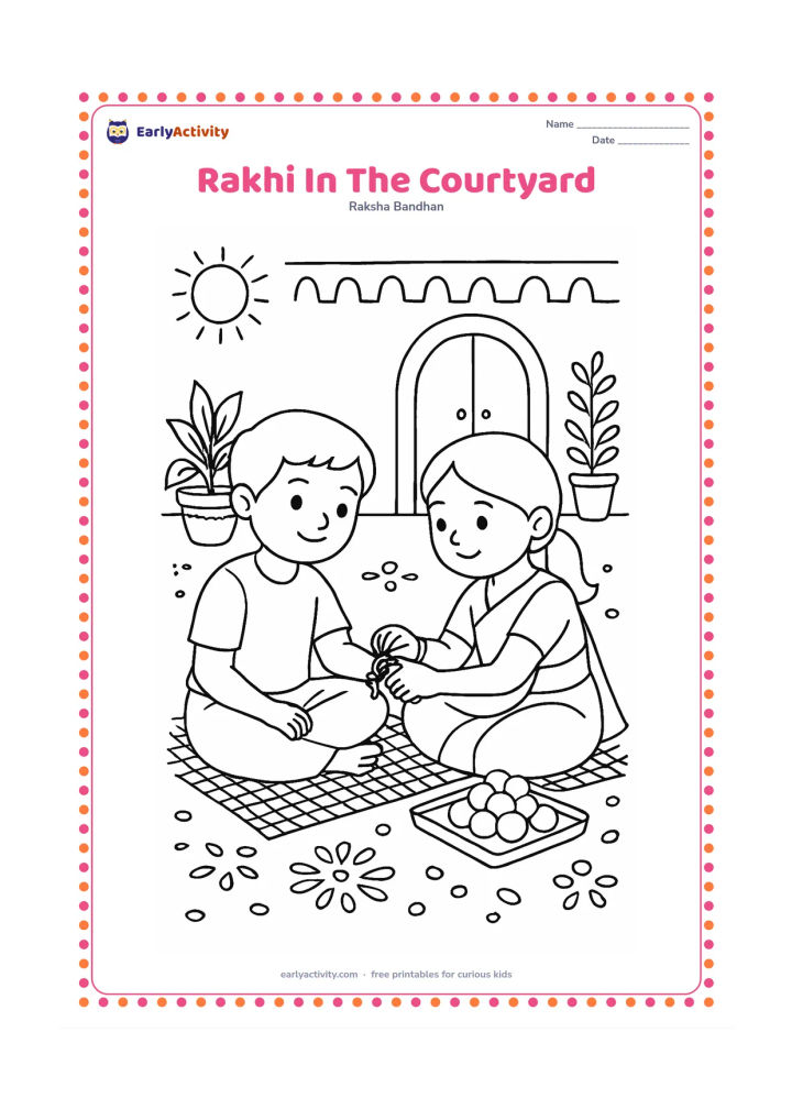 Colouring page: Two siblings sit on a woven mat in a sunny Indian courtyard as one ties a rakhi. Add potted plants, a doorway, floor patterns made only from dots and petals, and a tray of sweets.