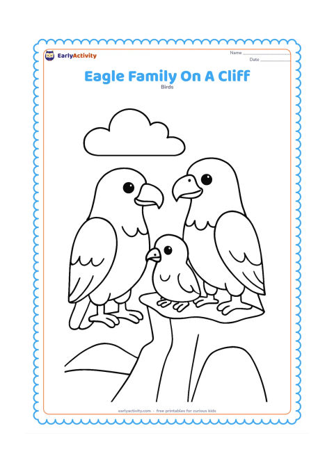 Colouring page: Draw two adult eagles and one small chick sitting together on a broad, safe cliff ledge beside a simple nest. Add one large cloud and a distant hill.
