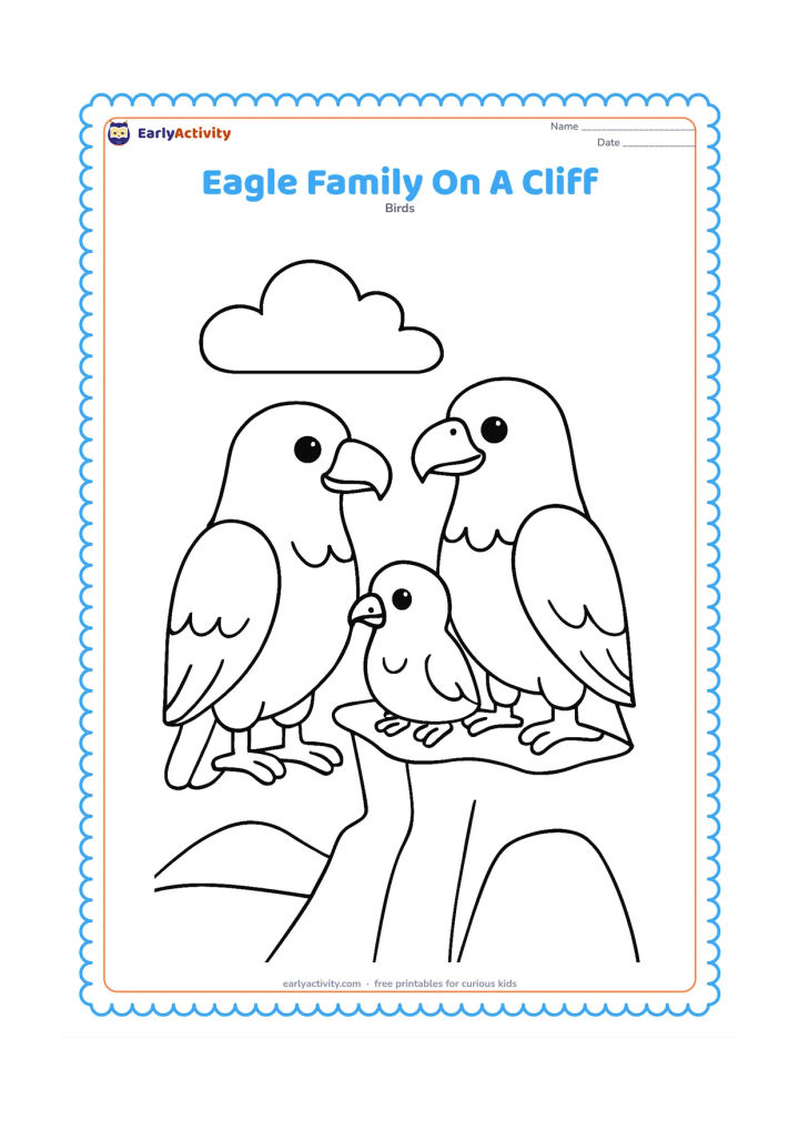 Colouring page: Draw two adult eagles and one small chick sitting together on a broad, safe cliff ledge beside a simple nest. Add one large cloud and a distant hill.