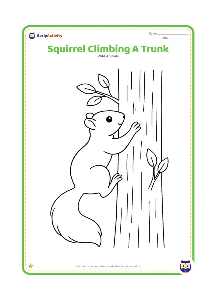 Colouring page: Draw a side-view squirrel climbing up a tree trunk, with its claws gripping the bark and its tail sweeping downward. Add a few branches and leaves.