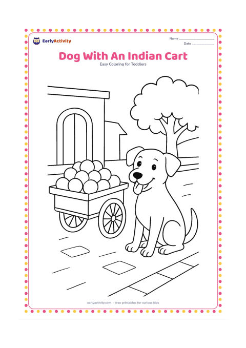 Colouring page: Draw a friendly street dog sitting beside a small handcart loaded with round fruits. Set the scene on a quiet Indian lane with a broad doorway, one tree and a few paving stones.