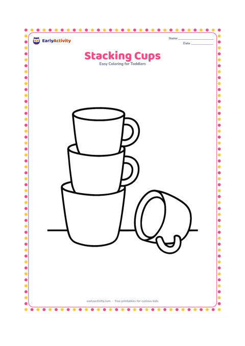 Colouring page: Three large toy cups are stacked from biggest to smallest, with a fourth cup lying beside them. Add a simple floor line beneath the toys.